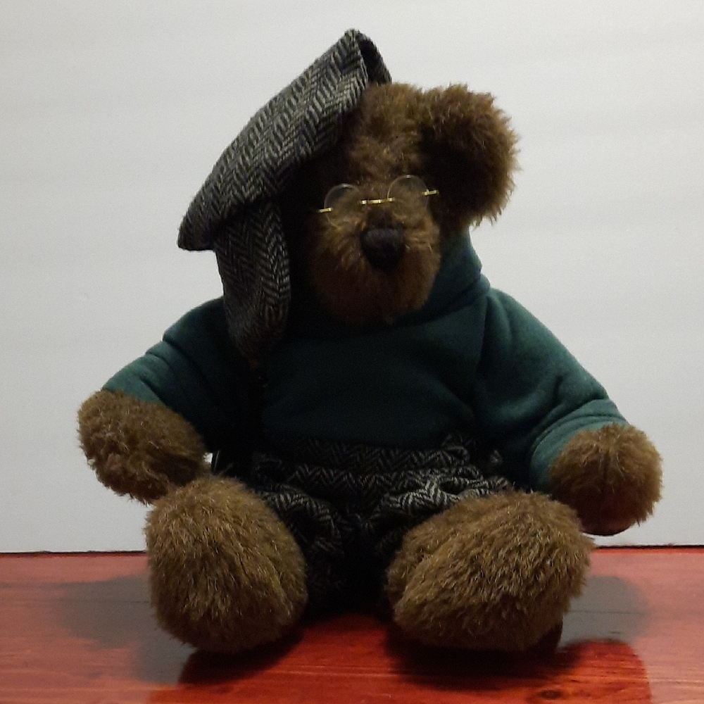 Brown Teddy Bear, Green Sweater, Grey & Black Herringbone Pants&Hat